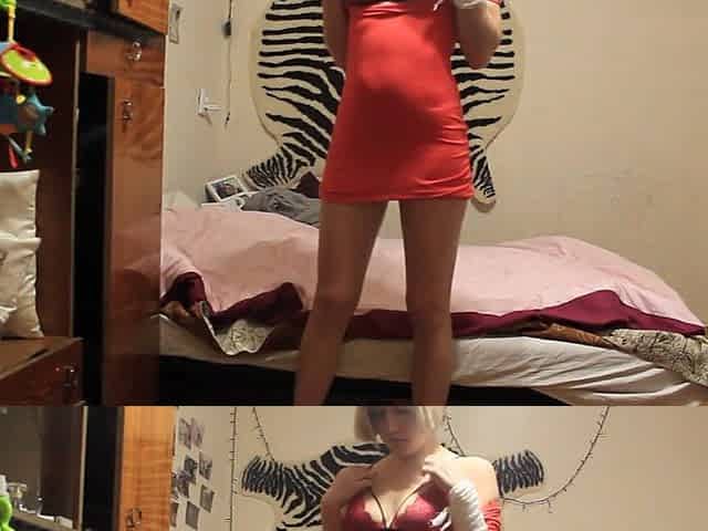 DATEZONE - Hawt blond in taut red costume masturbates her vagina