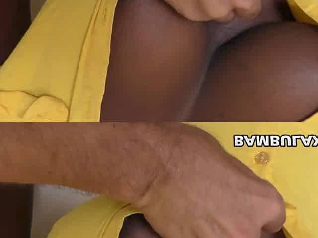 Sticky white goo on black hairless twat