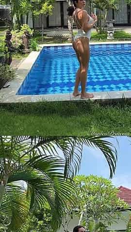 Outdoor Yoga Tree Pose & Tease in See-through Bodysuit in the Pool
