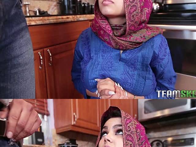 Muslim slut with round big tits receives a creampie in her shaved cunt