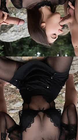 Brunette in lace lingerie double sucks cocks on forest rocks