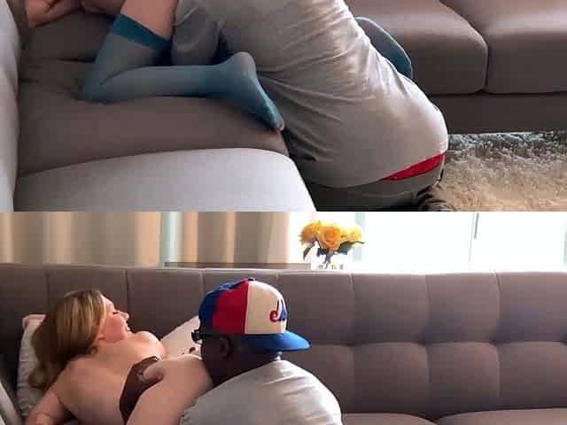 Blonde teen in stockings sucks two cocks