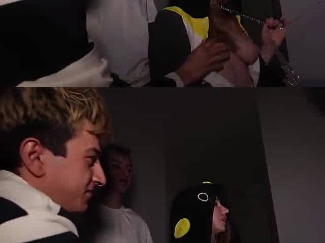 3 boyz with giant knobs persuade a beauty at a party to take all their large schlongs in each gap