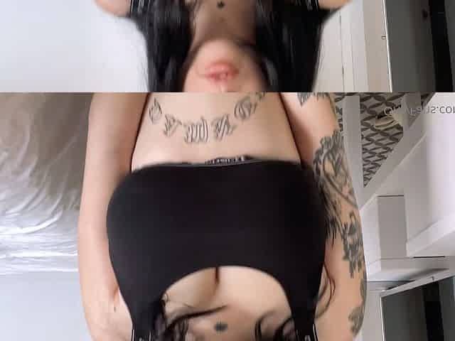 Busty curly brunette with big boobs fucks on couch