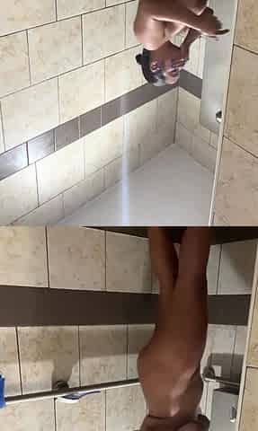 Hot babe with perfect big boobs taking shower