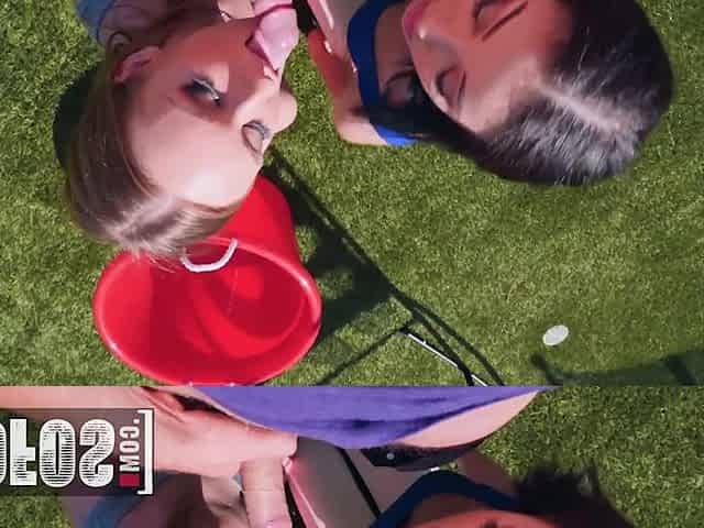 Petite girls Daisy Stone and Scarlett Bloom give Jay a double blowjob outdoors, followed by a good fuck