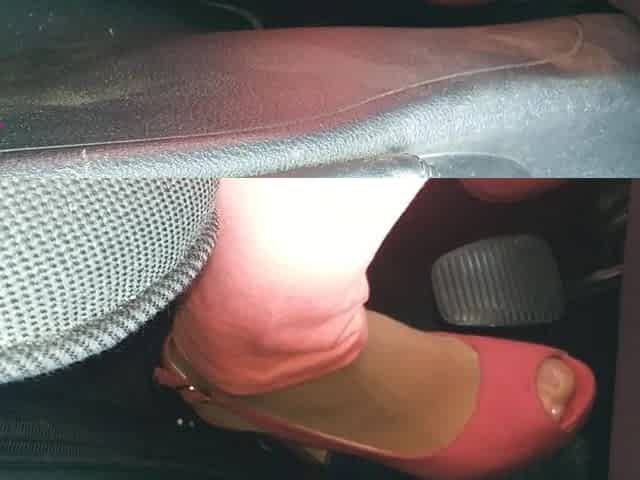 Revving and Handjob to Gear Stick in Nude Nylons and Pink Peeptoed High Heels