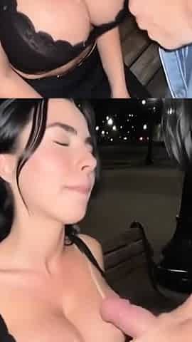 Night park bench brunette cum on tits licks black pussy