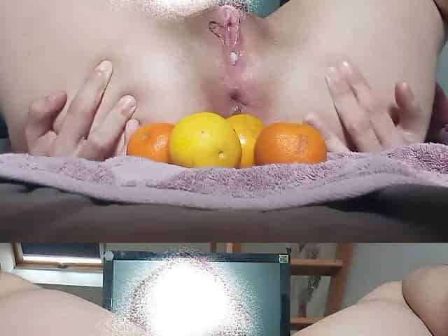 Insertion with fruits in vagina and butt ????