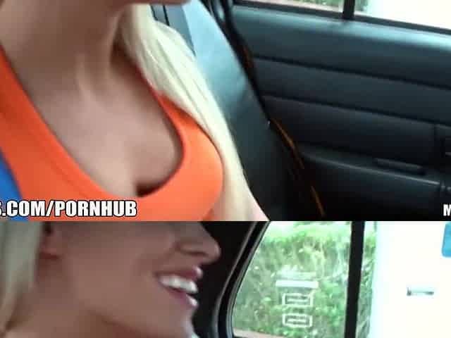 Hawt & shy blond GF gives her dude a BJ in the back of the cab