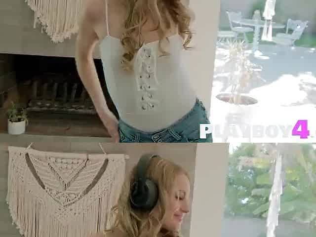 Cute blond Scarlett Sage hawt fingering after excitement striptease action
