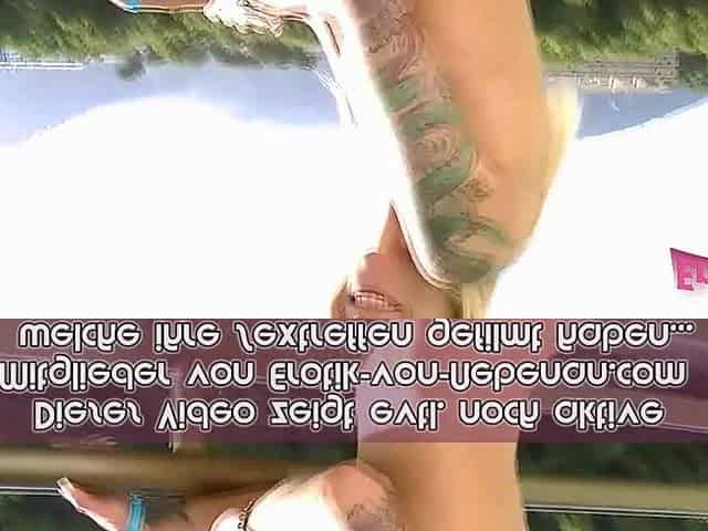 Blond German tattooed whore blows penis on balcony