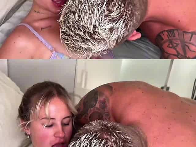 Stunning german blonde wearing sexy attire has her mouth and pussy stuffed in bed