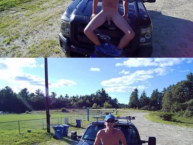 Playing with shlong on truck hood