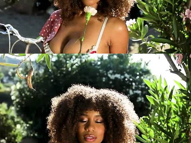 Ebony teen shows her hairy pussy outdoor