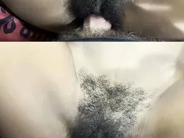 Cumshot on hairy black pussy