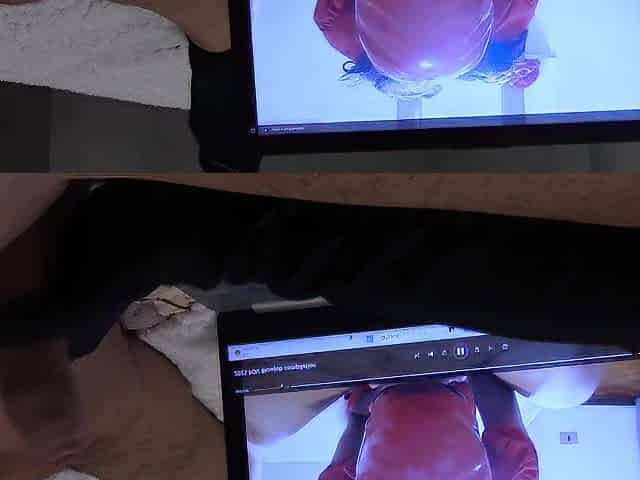 Tugjob in gloves, during the time that i'm watching one of my wife episodes, with spunk fountain