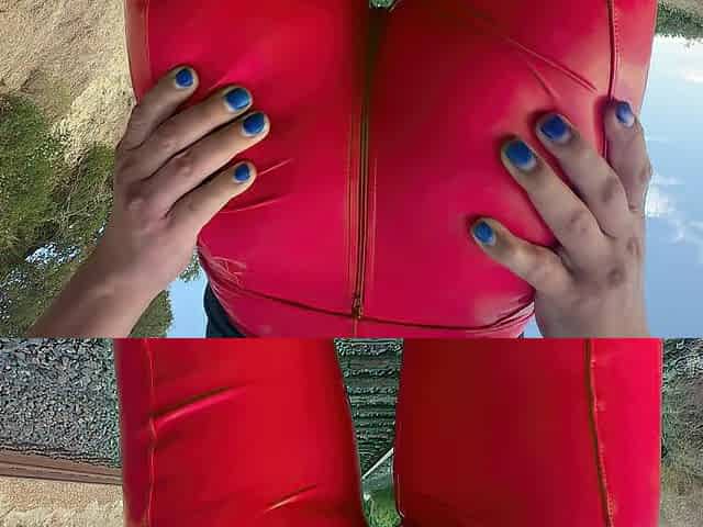Red latex thrashing outdoors