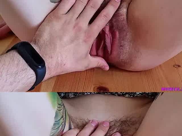 Youthful cutie with braces licks cum off her curly cunt for the 1st time