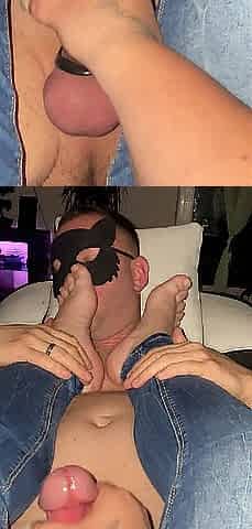 Feet licking tugjob and large jizz flow