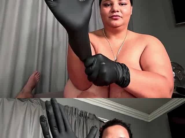 Giving a BWC a tugjob with latex gloves and oil until this guy discharges a large load of cum