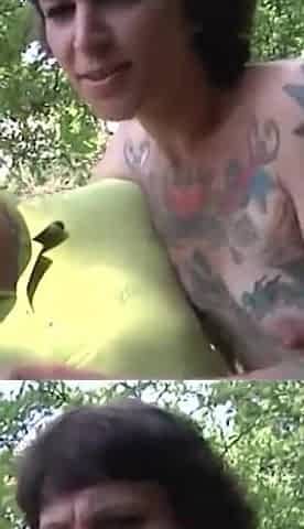 Very tattooed girl pussy fucking outside threesome