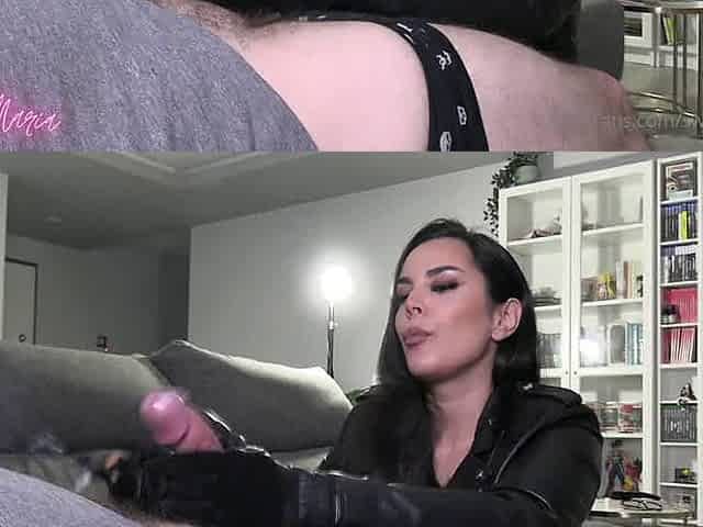 Smoking handjob leather gloves