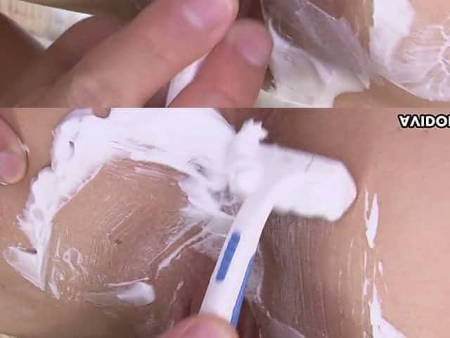 Two kinky dudes enjoys shaving Japanese hairy pussy of Saki Aiba