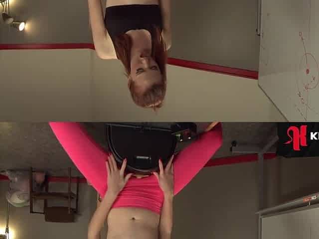 Hawt, slender, and tall Golden-haired works out in her coached office, screwing herself hard with a screw machin