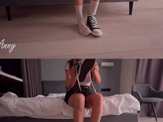 A shaggy-haired model in sneakers gets a enchanting creampie - Fetish shoes, sneakers, feet