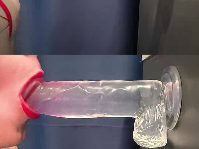 Oral pleasure on a sex tool with red lipstick