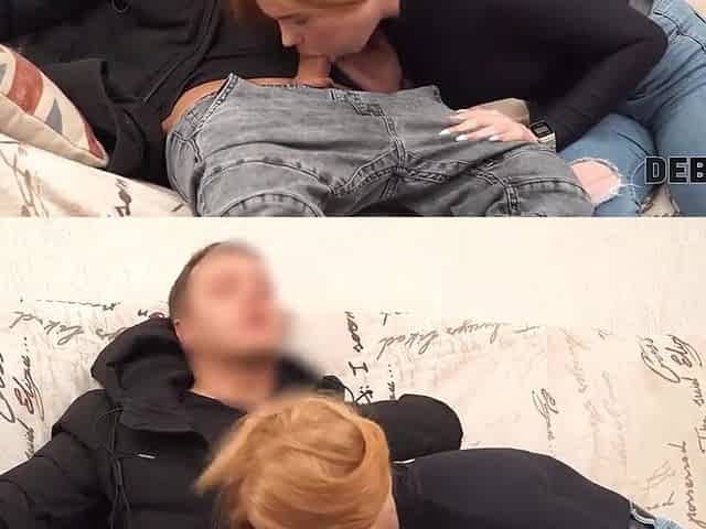 Debt4k. Ginger sucks schlong and widens legs after takes a loan for fresh TV
