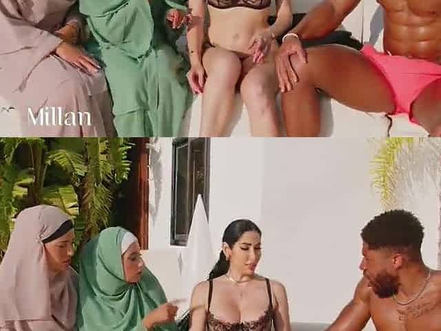 3 beauties wearing hijabs get lascivious on by the pool