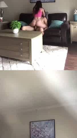 Great ass brunette in pink rides her boyfriend hard on her couch