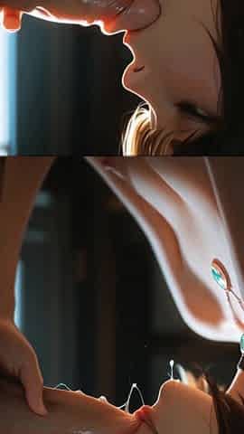 Black bob haired girl deepthroats cock in dim window room