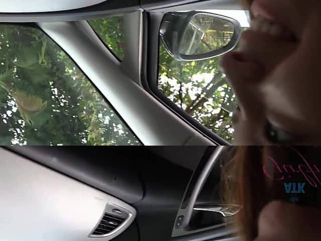 Brunette cutie with sexy smile gives POV blowjob and handjob in car