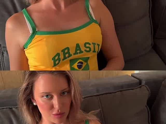 Teen babe gets cum on her tits after fucking on the couch POV