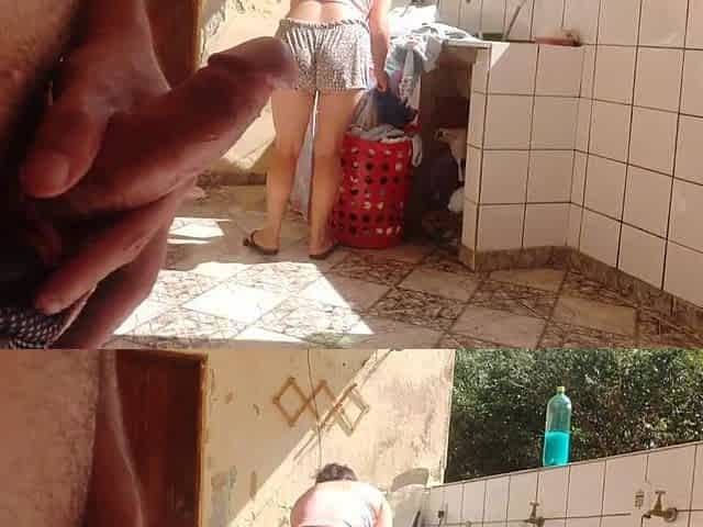 I caught my stepdaughter washing clothing in shorts, I got excited and liked her super sexy snatch