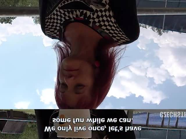 Red haired mature woman is sucking a hard cock in a public place, after riding it