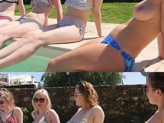Sexy topless lesbian chicks are sunbathing and swimming