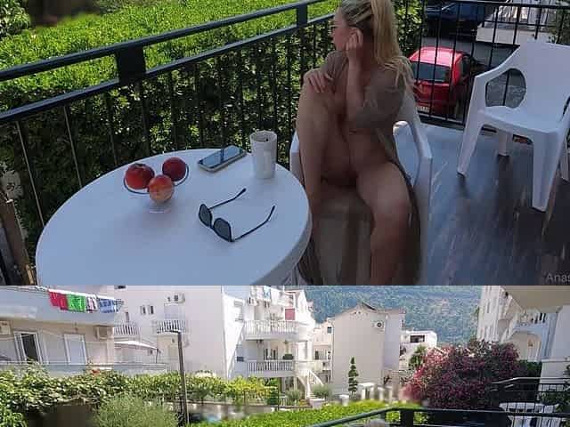 I light my pussy on the open balcony. Public.