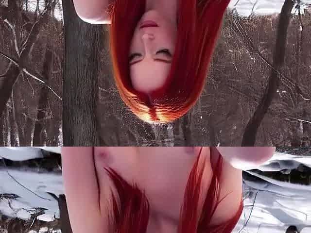A red-haired gal pushed a giant icicle into herself in a winter forest. Ice in the snatch. Re-download. (AI).