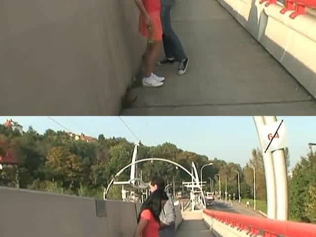 Cute brunette hair drilled by her stepdad outdoors