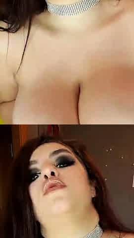 Busty curly brunette with big boobs fucks on couch