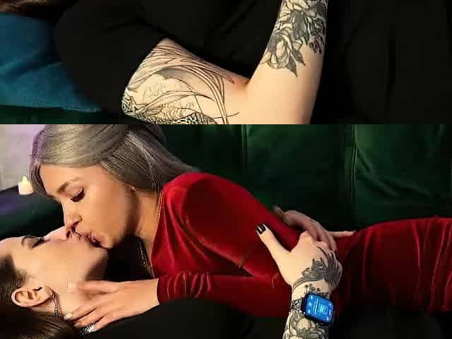 Brunette babe 69 lesbian fucks tattooed blonde