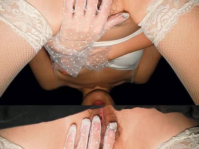 Hairy Pussy Masturbation in Satin Gloves. Intimate Close-up Orgasm