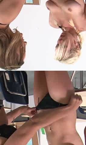 Blonde teen and brunette play with each other