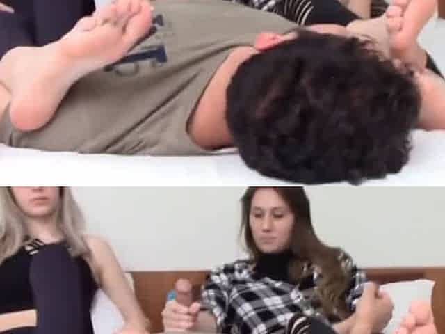Double feet smelling handjob