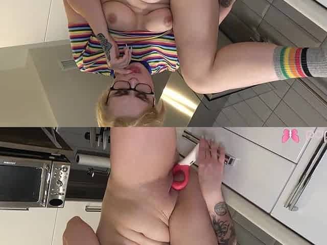 Solo blond with glasses Kira masturbates with a vibrator in the kitchen, in 4K.
