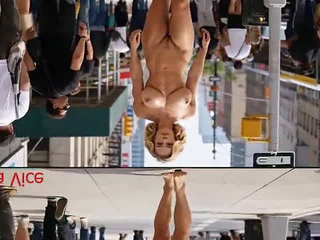 Exposed athletic woman bodybuilder exhibitionist walking in public street and crowded mall (By AI)